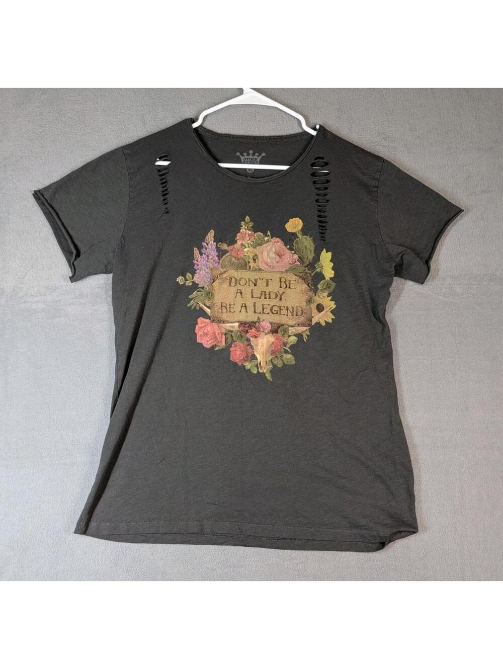 Junk Gypsy Womens XL Gray Distressed Graphic Tee Western Boho Country Shirt